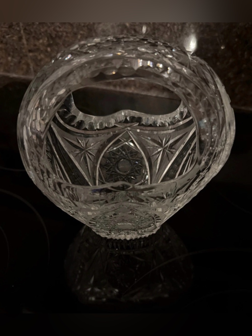 Brilliant Cut Glass Crystal Basket Vase - Clear Etched Design